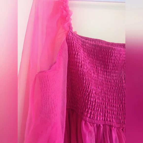 SHEIN Plus Ruffle Hem Shirred Flounce Sleeve Mesh Dress Hot Pink - Picture 5 of 5